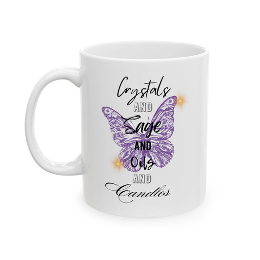 Ceramic Mug — "Crystals Sage Oils Candles" (11oz/15oz)